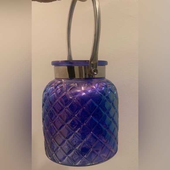 Blue Opalescent Patterned Glass Lantern/Vase W Silver Metal Band & Handle 6.5” - Picture 10 of 13